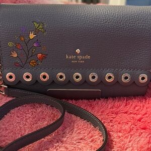 Kate Spade Blue Crossbody Bag with Floral Design and Gold Hardware